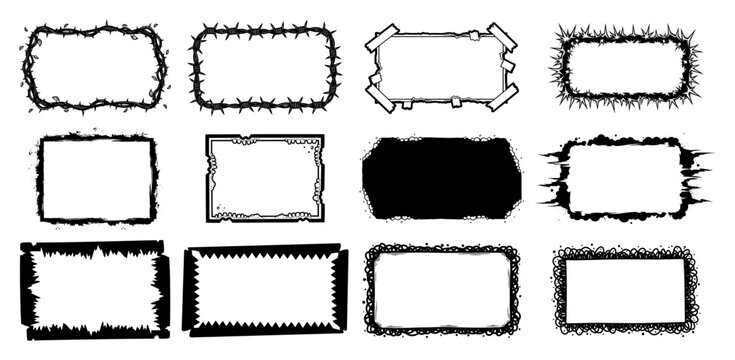 Decorative rectangular frames and grunge borders set in distressed gothic linocut style