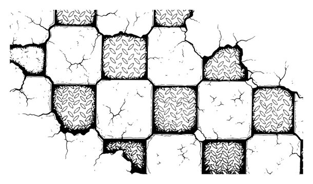 Cracked tiled pavement with metal diamond plate pattern in hand drawn industrial engraving style