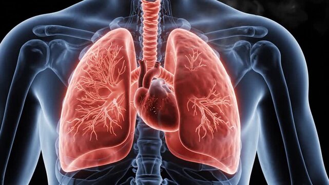 Red glowing human lungs and heart with trachea in an x-ray visible ribcage on a dark background