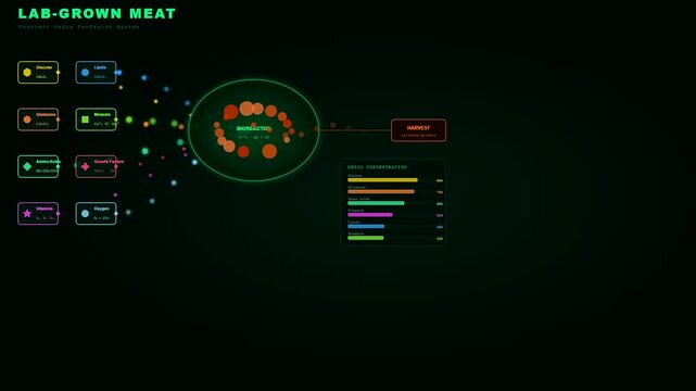 An abstract digital animation illustrates how lab grown meat is cultivated by moving nutrient particles into a central bioreactor for sustainable food production and harvest.