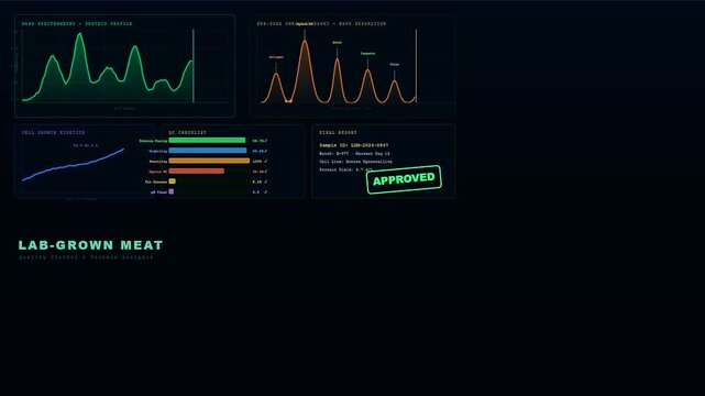 Scientific monitoring of lab grown meat production shows real time data analysis of protein profiles and cell kinetics on a futuristic digital laboratory interface screen.