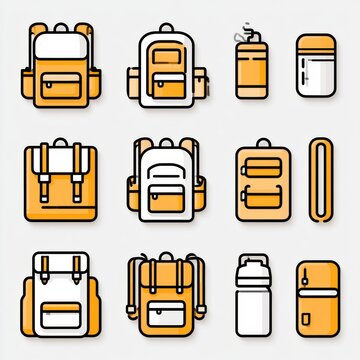 Icons showcase school bags and accessories in a vibrant orange and white constructivist design, with no text or labels.