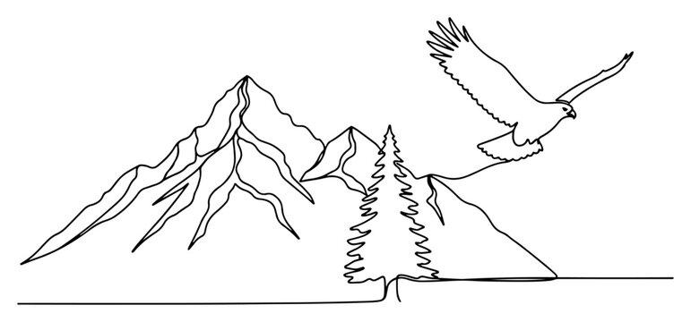 Flying eagle with pine tree and mountain range in continuous single line art style