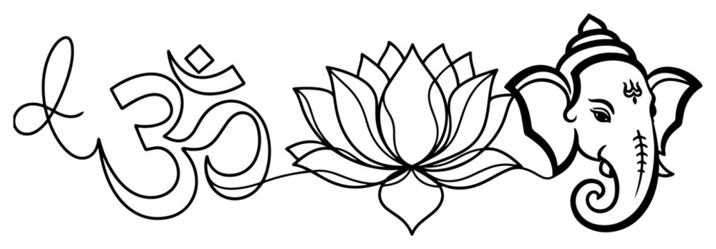 Om symbol lotus flower and Lord Ganesha head in continuous one line art style