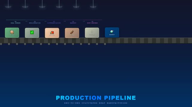 An informative digital animation shows how lab grown meat is created using a detailed conveyor belt production pipeline displaying end to end manufacturing stages.