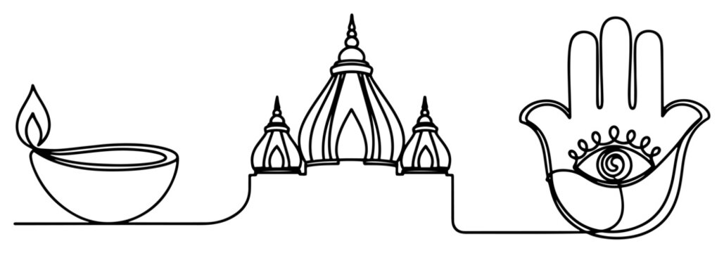 Diya oil lamp temple building and hamsa hand symbol in continuous one line art style