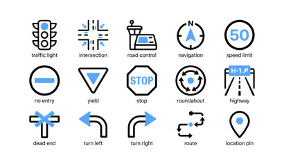 Fototapeta premium Road and navigation icons arranged in grid on white background