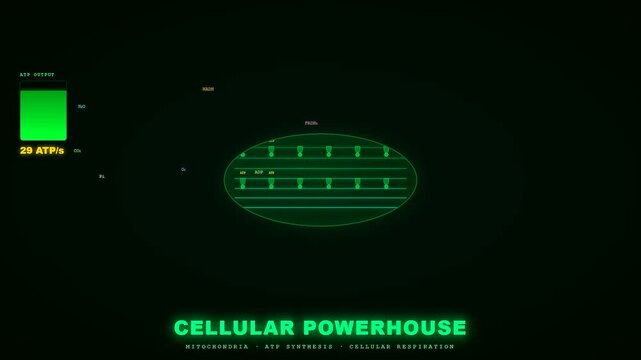 Dynamic digital graphics for lab grown meat synthesis show mitochondria actively producing energy while glowing green neon bars track atp output during a cellular respiration animation.
