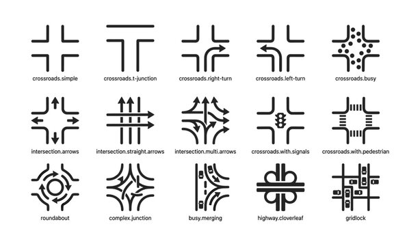 Traffic intersection icons displayed in grid on white background