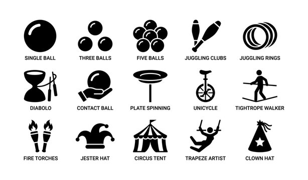 Juggling and circus equipment icons displayed in grid layout