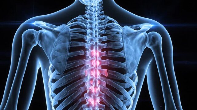 Human Torso X-Ray View with Blue Bones and Red Spine Pain Highlighted on a Black Background