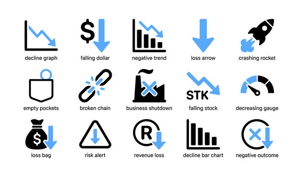 Decline and loss icons showing financial downfall and risk