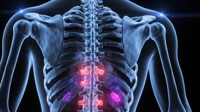 Abstract X Ray Human Spine Anatomy with Painful Red Discs and Glowing Blue Skeletal Structure on Black Background
