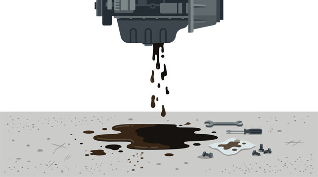 Automotive engine leaking motor oil onto a garage floor with scattered mechanic tools and a stained rag in a detailed technical flat illustration style.