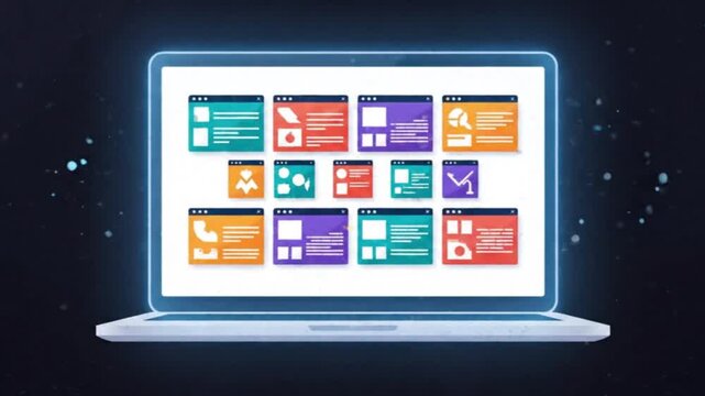 A Laptop Displaying Multiple Website Interface Designs and UI Elements Against a Dark, Sparkly Background