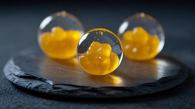 Molecular Gastronomy Appetizer with Orange Fruit Pearls on Slate