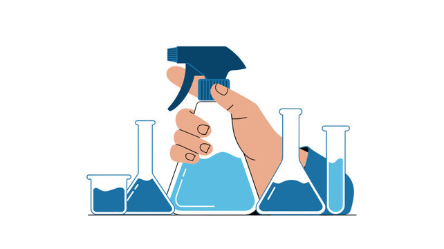 A hand grips a blue plastic trigger spray bottle positioned centrally amidst an array of beakers and flasks filled with blue liquid on a white background.