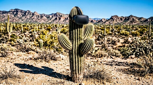 surreal desert humor, a cactus dons a vr headset under the harsh desert sun, casting a long shadow