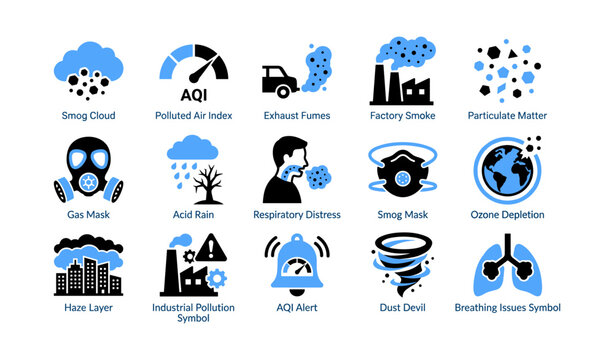 Air pollution icons illustrating smog, emissions and health hazards