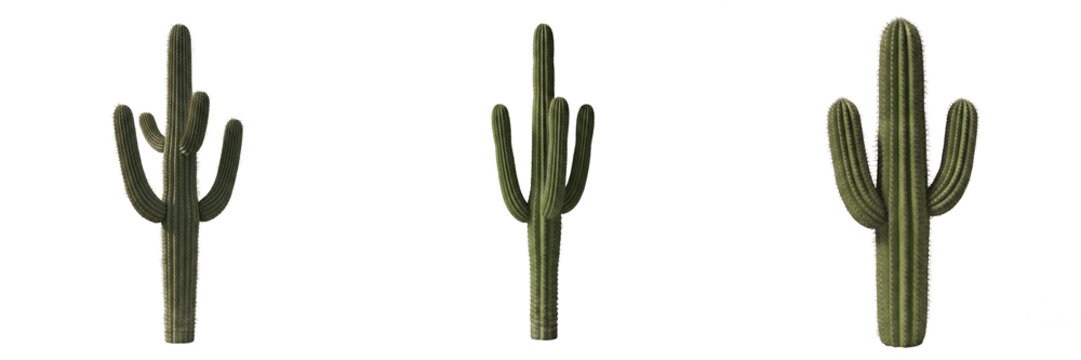 Saguaro cactus PNG set with transparent background. Three isolated desert cacti illustrations for southwestern graphic design, western themed invitations, boho stickers, and realistic green plant clip