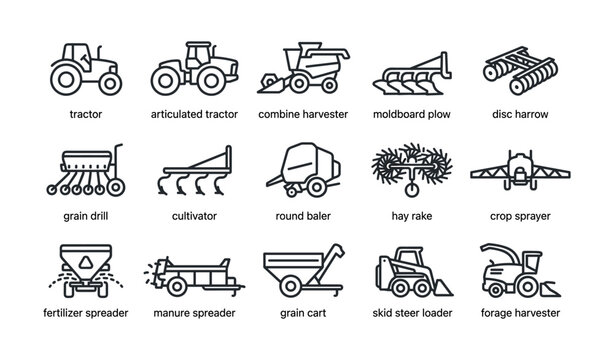 Agricultural machinery icons arranged in grid on white background
