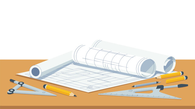 Technical blueprints with grid patterns are spread out on a wooden table alongside a drafting compass and yellow pencils for architectural and structural planning.