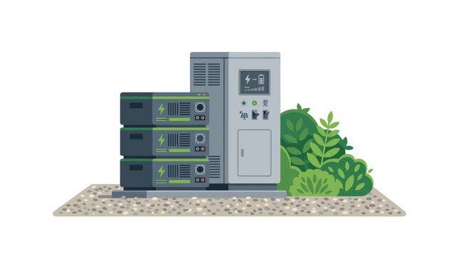 A modular battery storage system consisting of stacked battery packs and a central charging controller is installed on a gravel surface near dense garden greenery.
