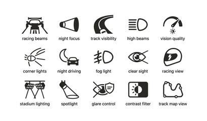 Obraz premium Automotive headlight and vision icons arranged on white background