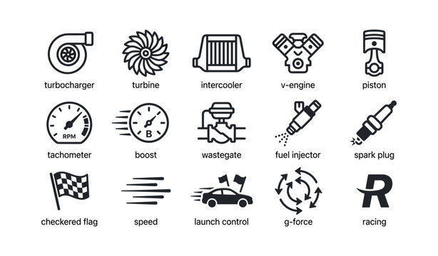 Automotive performance and engine icons arranged in grid