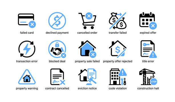 Payment failure and transaction error icons on white background