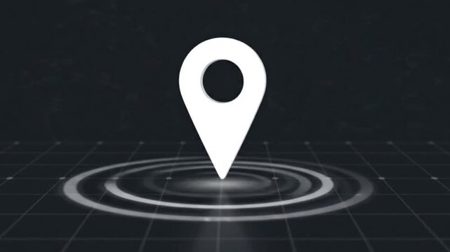Location pin icon on a digital grid with concentric circles, symbolizing navigation and GPS technology in a futuristic interface