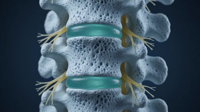 Detailed medical rendering of human lumbar spine showing vertebrae intervertebral discs and nerve roots on a dark blue background
