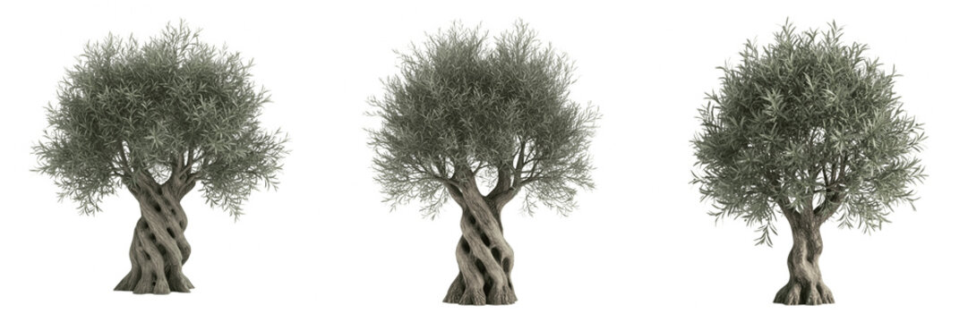 Enhance your landscape visualizations with this set of three majestic olive trees featuring distinct, artistic twisted trunks. These high-quality, realistic trees are perfectly isolated on a white bac