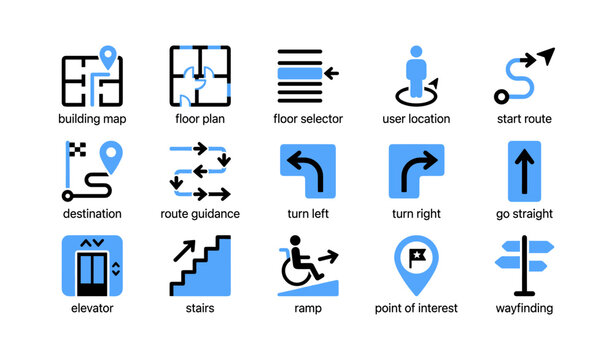 Wayfinding icons showing indoor navigation symbols on white background
