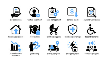 Fototapeta premium Social services and benefits icons arranged on white background
