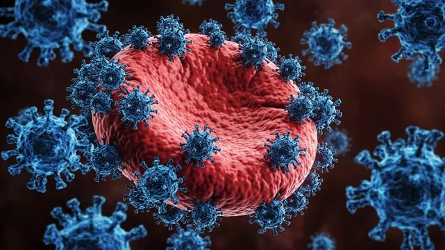 Red Blood Cell Surrounded By Blue Viruses Floating In Dark Space Concept Of Human Body Under Attack By Microorganisms