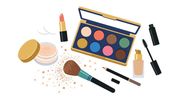 An organized collection of beauty supplies including a multi-color eyeshadow palette with brushes and foundation on a clean white surface with a neutral color tone.