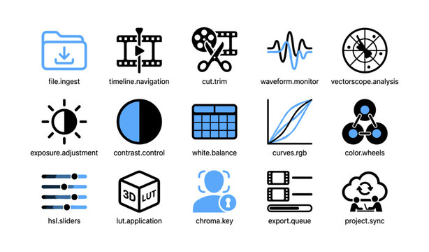 Video and color grading icons arranged in grid on white background