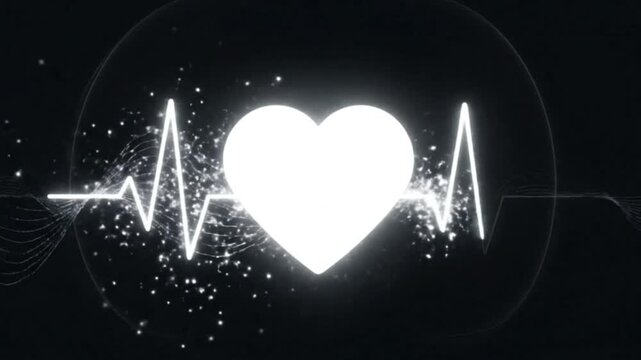 A glowing white heart symbol with a heartbeat line and digital particles against a dark background, symbolizing life, health, and medical technology