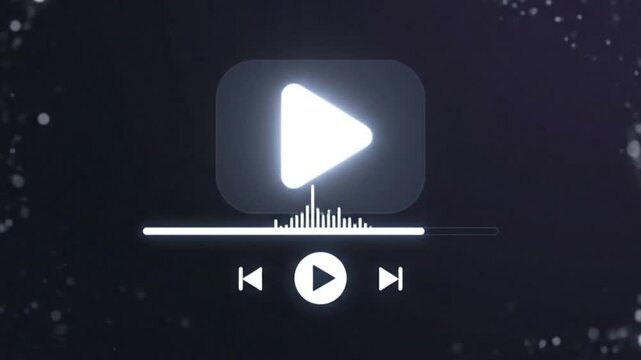 Sleek glowing play button icon illuminating a dark digital background, symbolizing multimedia content playback and advanced online streaming technology interface