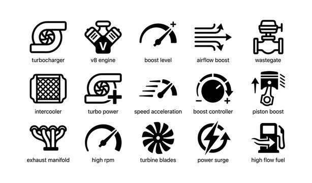 Automotive turbo and engine icons arranged on white background