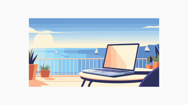 A laptop is placed on a round patio table overlooking a calm ocean with distant sailboats under a clear sky in this flat vector graphic with soft pastel colors.