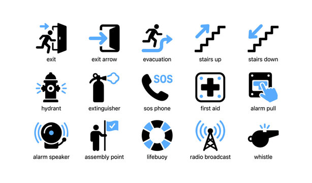 Emergency evacuation icons exits alarms and safety equipment on white