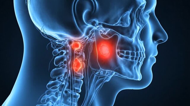X-ray Imaging Blue Human Head Skull Bones Brain Anatomy Neck Cervical Vertebrae Lymph Nodes Red Highlight Pain Inflammation Cancer