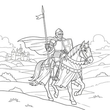 Historical knight on horseback holding lance in minimalist line drawing
