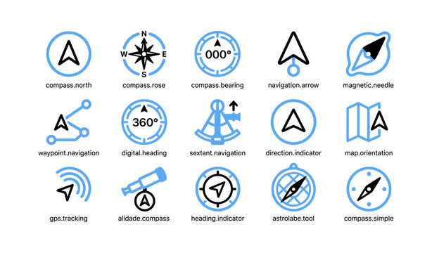Navigation and compass instrument icons on white background