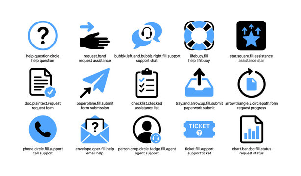 Support and request icons showing help and submission tools