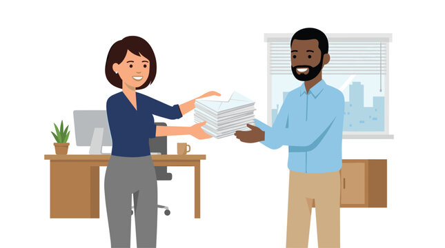 A professional woman hands a large stack of white paper envelopes to a smiling man during a collaborative office interaction by a window in bright daylight.
