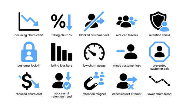Customer retention icons showing churn reduction and trends
