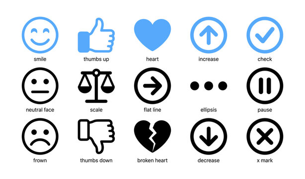 Emoji and symbol icons showing reactions and interface status